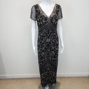 Pisarro Nights Hand Beaded Maxi Gown Size 2 Black Mesh Intricate Flapper 20s